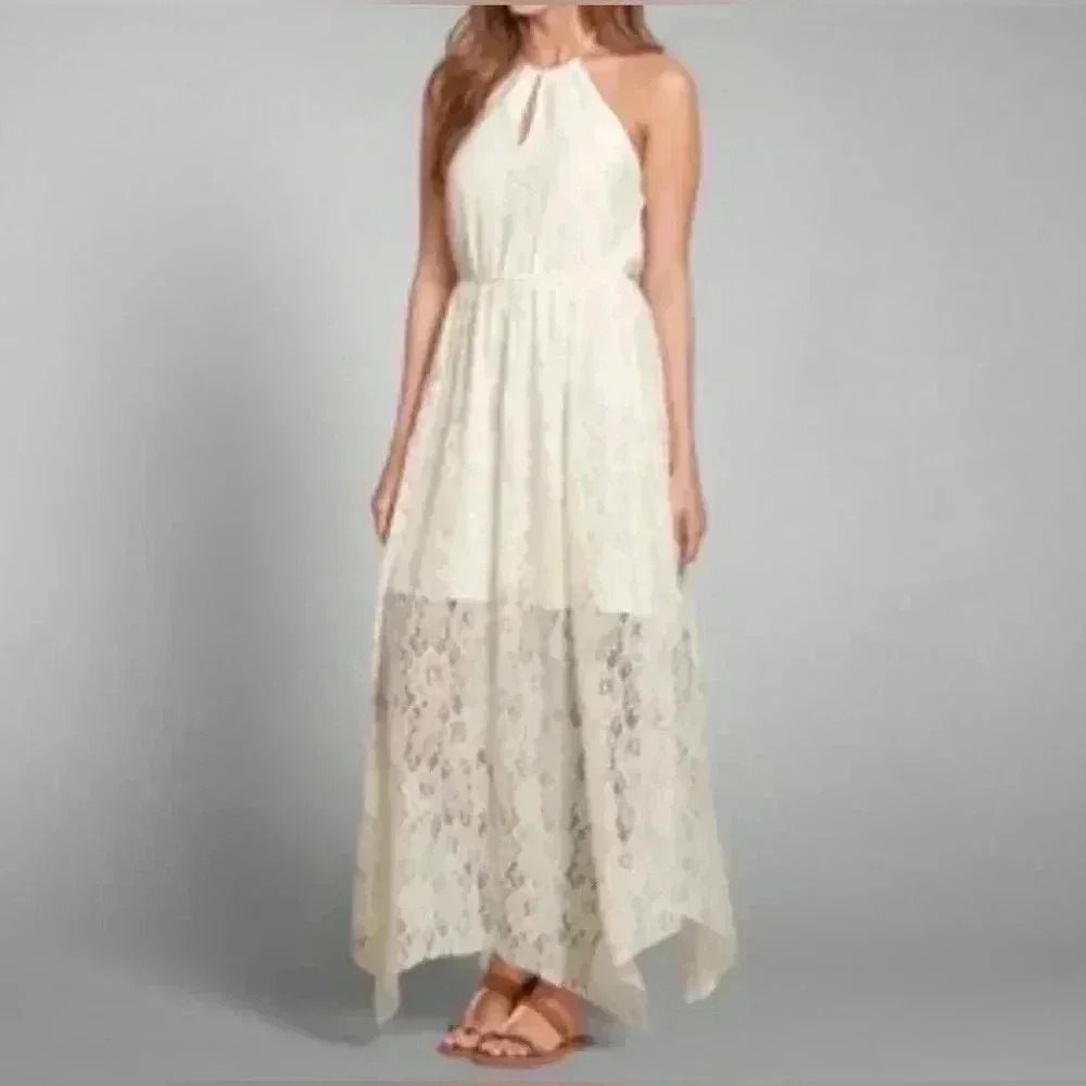 Abercrombie & Fitch Cream Floral Lace Halter Dress Flowy Feminine Fairy